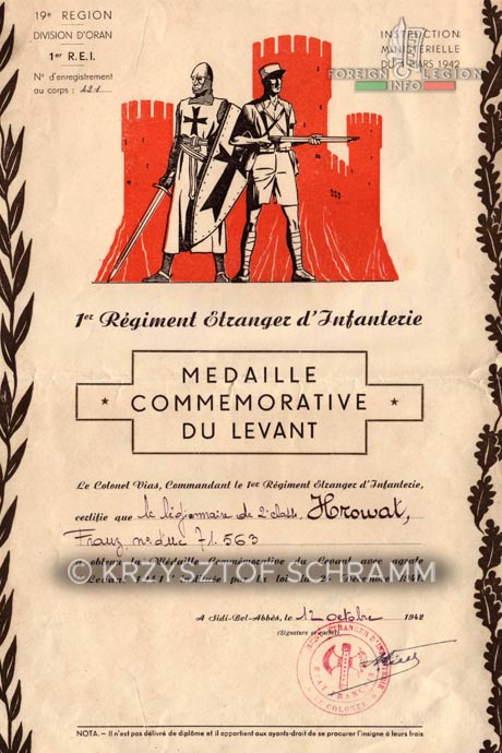1er Régiment Etranger d'Infanterie - Légion étrangère - Medal certificate - Levant - 1942