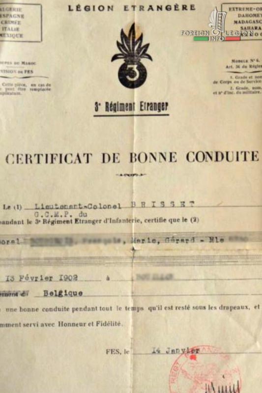 GCMP - Mounted and Motorized Company Group - 3e REI - 3rd REI - 3 REI - Foreign Legion - Africa - Morocco - document - Discharge Certificate - 1945